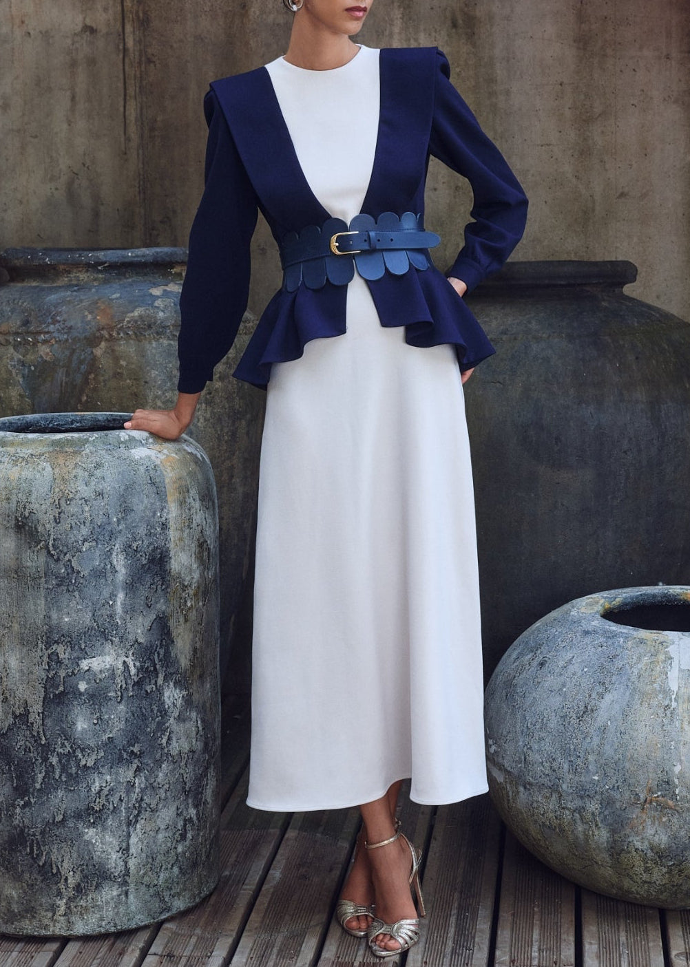 Vestido Daniela Beige y Azul Marino