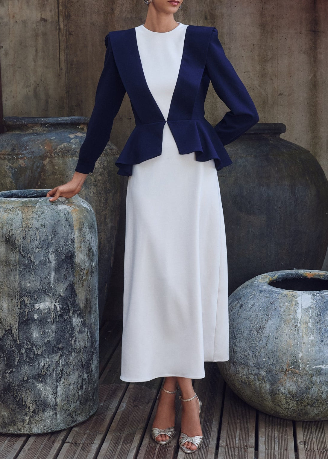 Vestido Daniela Beige y Azul Marino